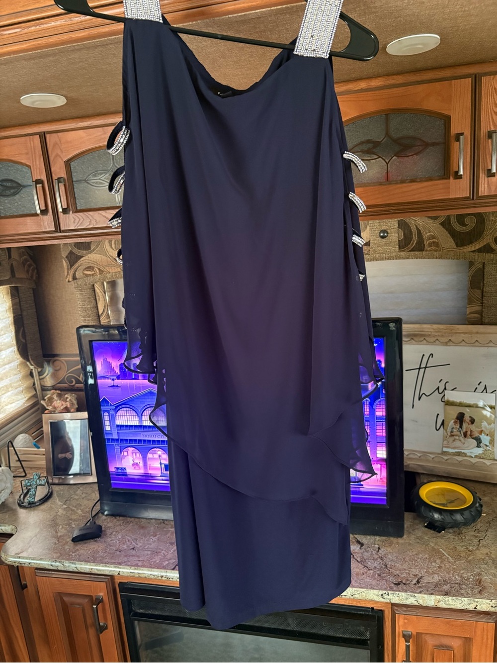 Navy Beaded-Strap Evening Dress